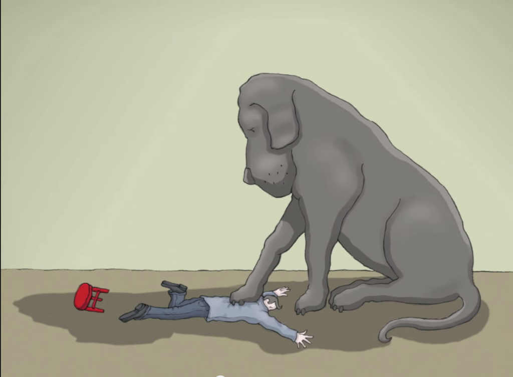 Perro negro pisando a un hombre