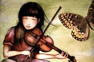 chica con violín y mariposa representando amar tu trabajo