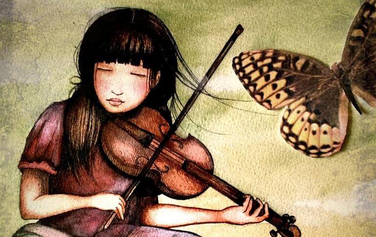 menina com violino e borboleta