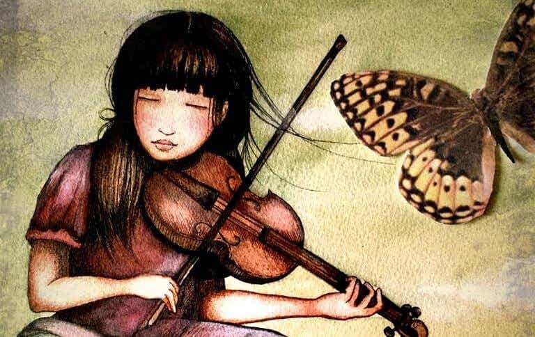 chica con violín y mariposa