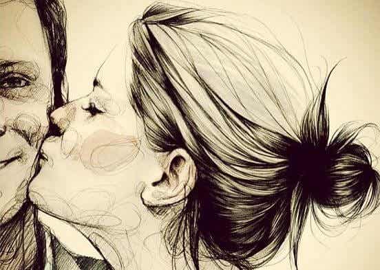 kvinne kysser mann