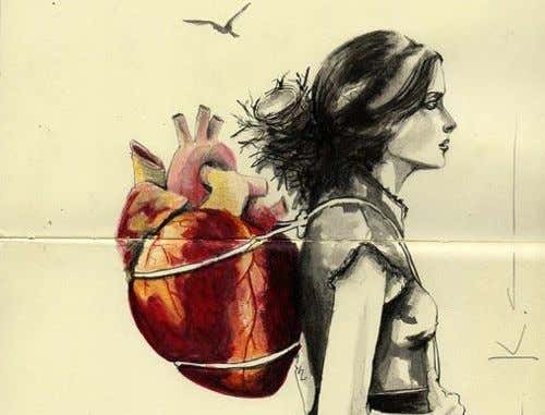 fille portant son sac à dos émotionnel en forme de coeur