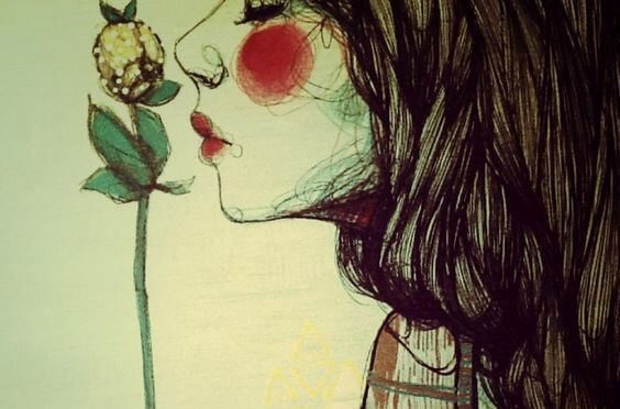Tekening van een vrouw die aan een bloem ruikt