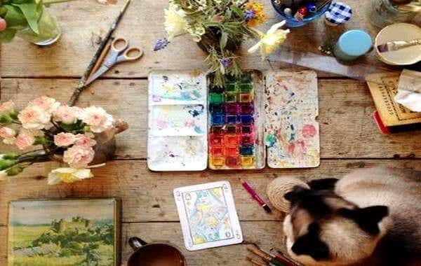 pinturas ,gato y flores representando la creatividad