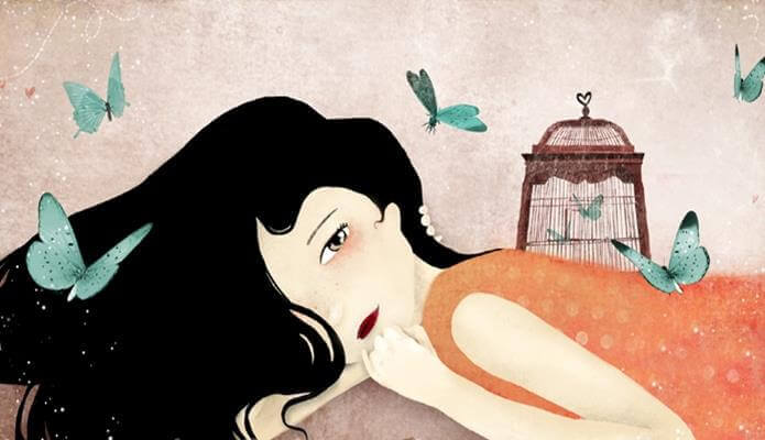 Chica tumbada con mariposas alrededor