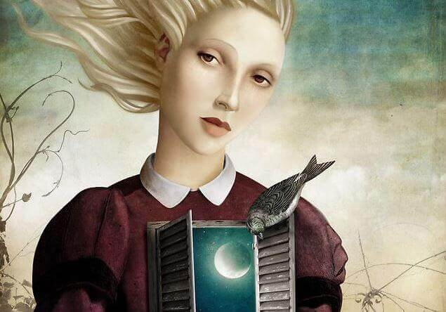 Mujer con ventana en el pecho donde se ve la luna