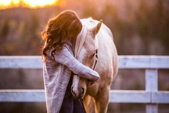 amor a un animal: chica abrazando un caballo