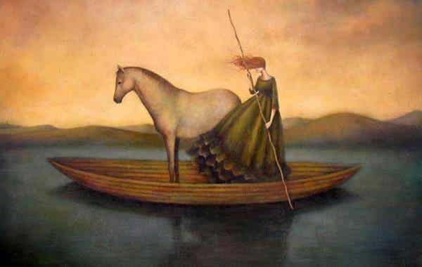 caballo y mujer en una barcaza dejando pasar el tiempo