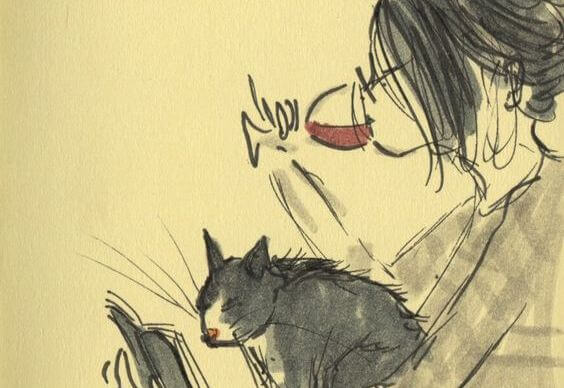 chica bebiendo vino con gato