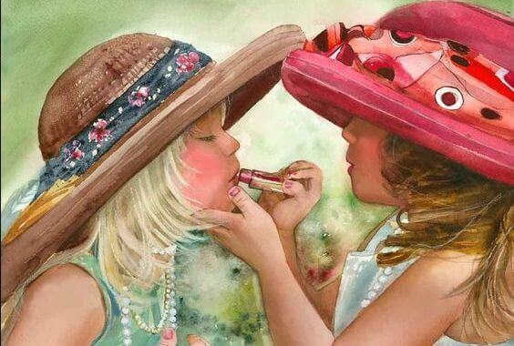 Hermanas pintándose los labios