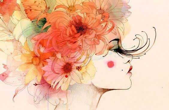 mujer con cabello floral