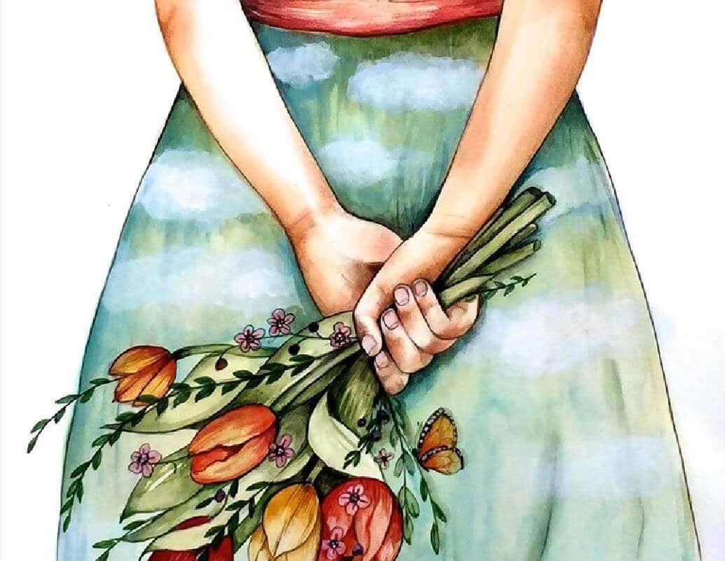 Mujer con un ramo de flores en la espalda