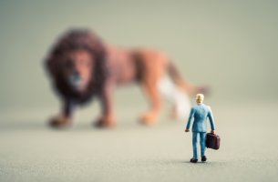 Muñeco frente a un león representando miedo irracional a los animales
