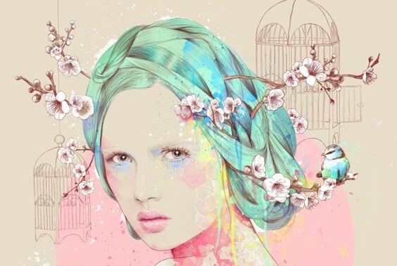 mujer con flores de almendro en el cabello