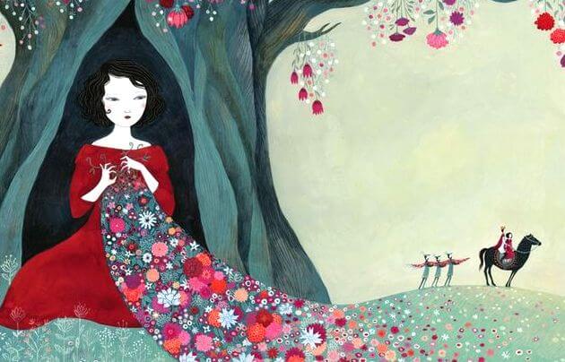 mujer con manto de flores