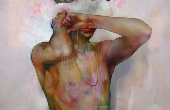 man hiding face