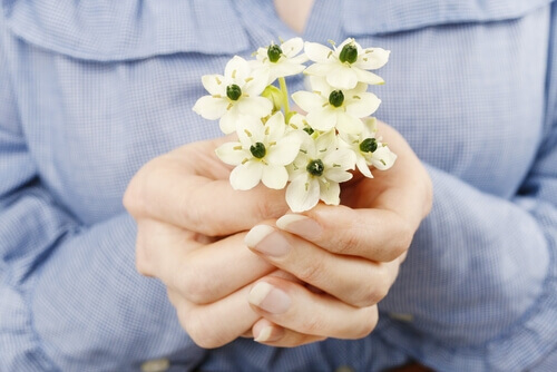 Mãos oferecendo flores