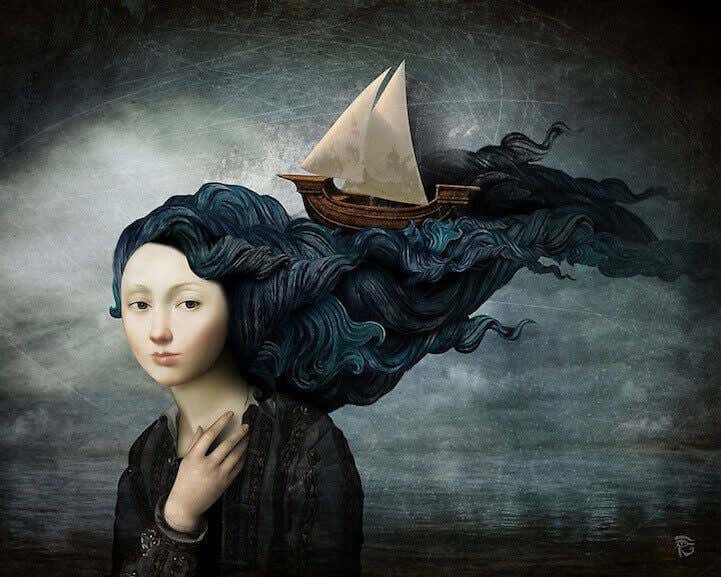Mujer con un barco en el pelo en una postura de dignidad