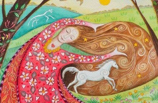 mujer inclinada con caballo