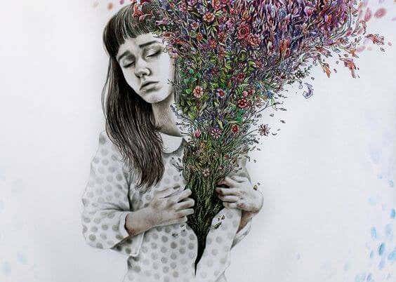 chica con flores en el pecho superando el daño emocional
