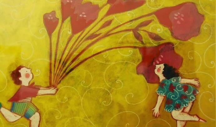 pareja feliz con flores rojas