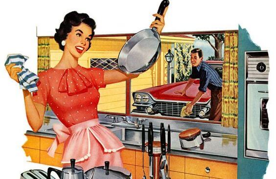 Kvinde i køkken og mand ved bil repræsenter mangel på ligestilling mellem kønnene