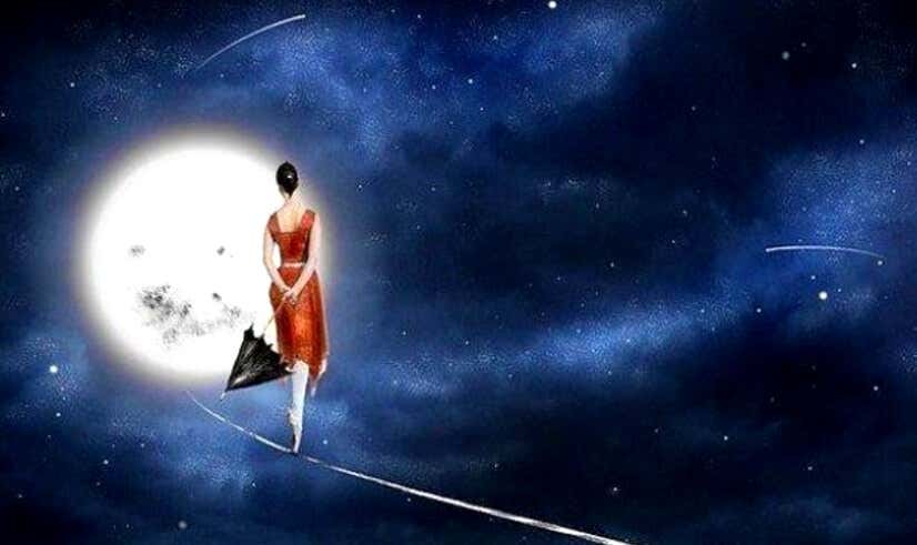 woman walking to moon