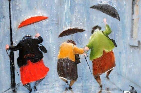 old women with umbrellas