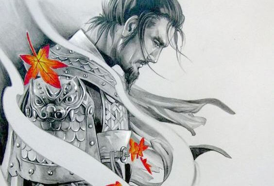 samurai con hojas simbolizando el camino del guerrero