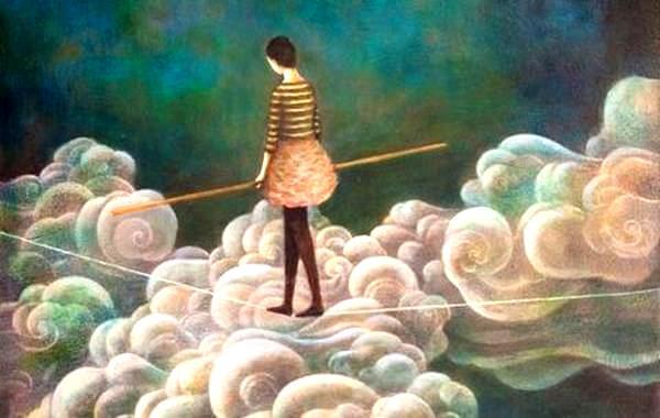 mujer cruzando nubes