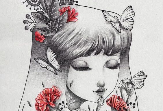 girl with flowers and butterflies