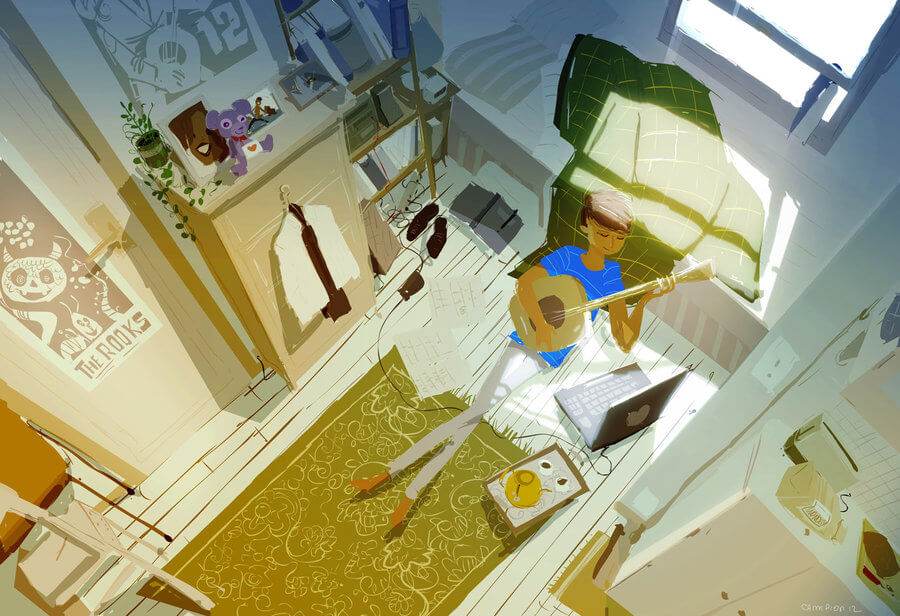 Homme avec guitare couché