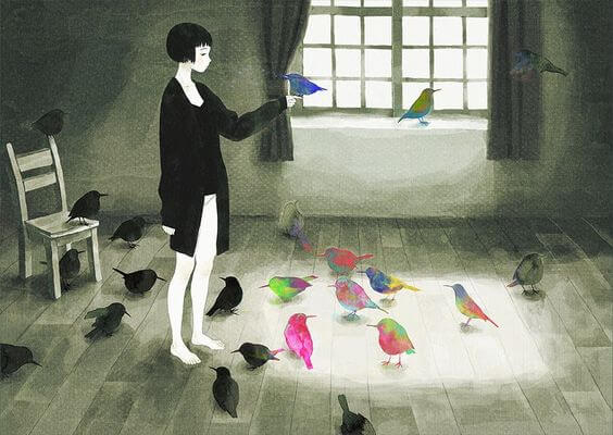 chica con pajaros