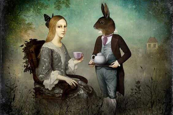 mujer con conejo fantasia