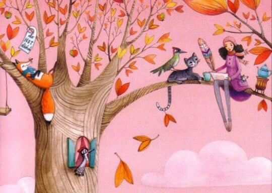 mujer sobre árbol