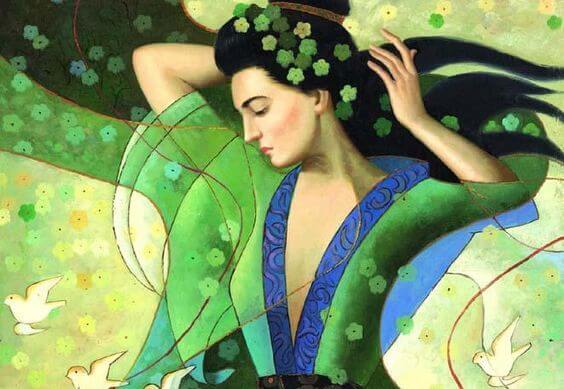 mujer vestido verde