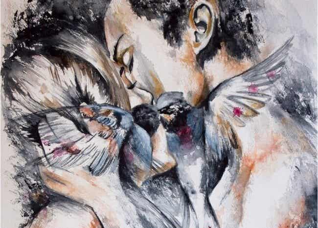 Maleri af kyssende par og fugle