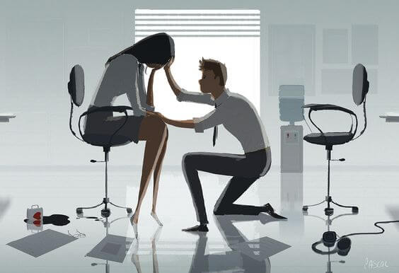 pareja en oficina donde uno lo invita a creer en sí mismo