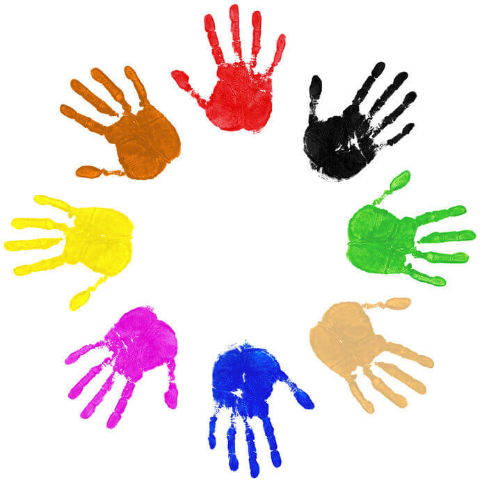 Multi coloured painted handprints arranged in a circle on a white background.