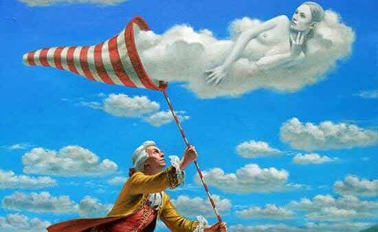 man trying to catch cloud woman