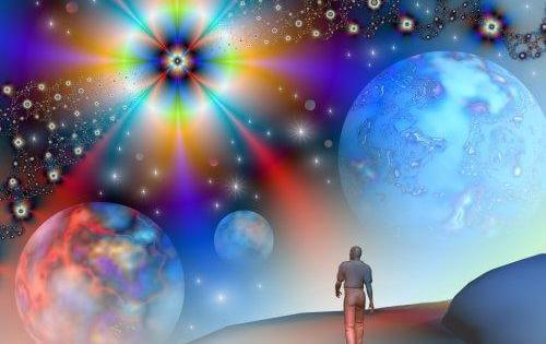 Persoon die rondloopt in het universum van de kwantumgeest