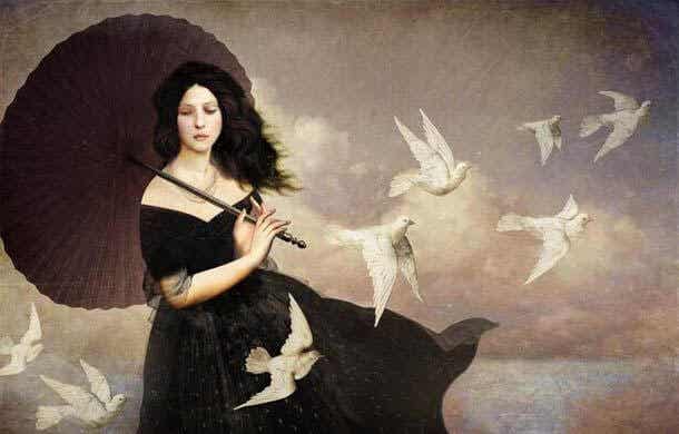 woman with umbrella and birds