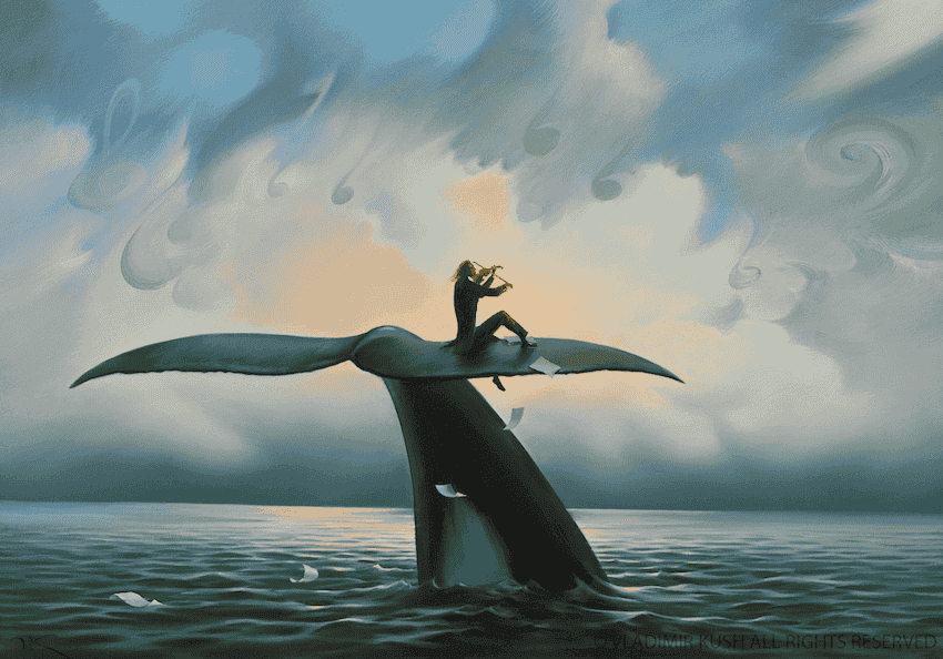Hombre tocando el violín encima de la cola de una ballena