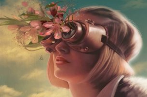 mujer con anteojos de flores