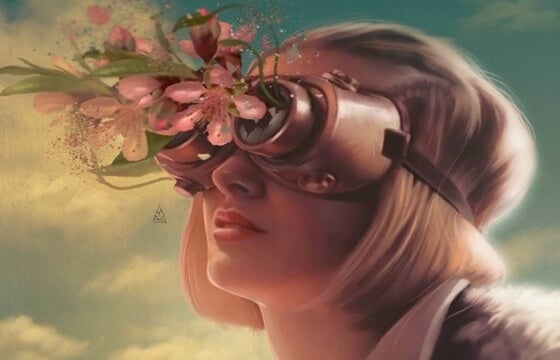 mujer con anteojos de flores feliz