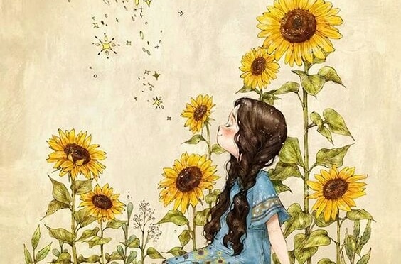 niña disfrutando de la luz de los girasoles