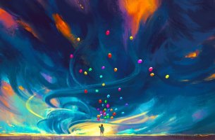 Hombre con globos de colores