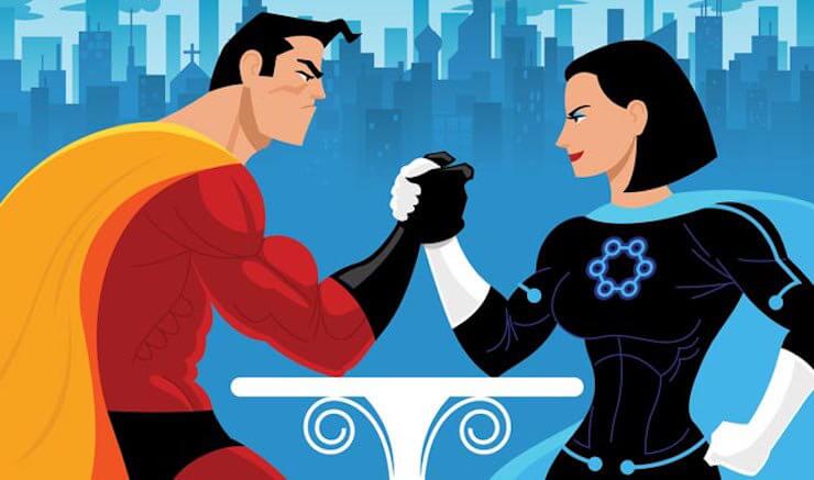 Superhéroe y superheroína haciendo un pulso