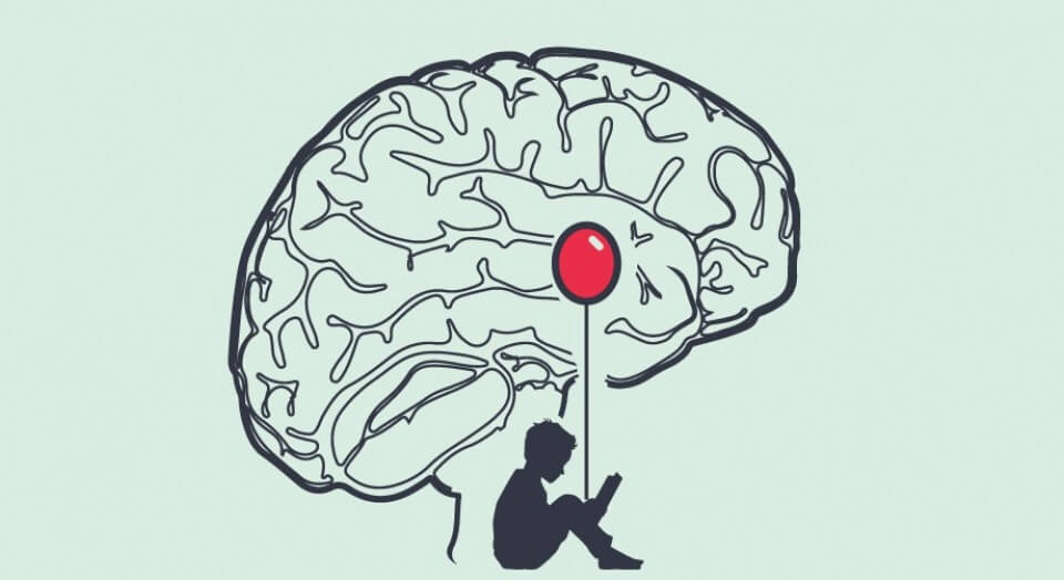 cerebro con un niño con globo representando la amígdala
