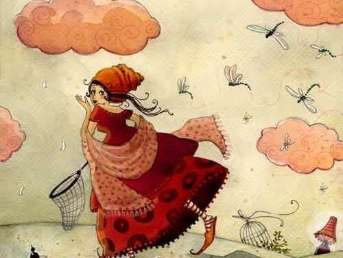 Chica cazando libélulas